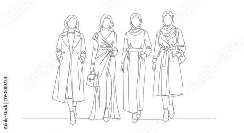 Fashion Line Art: Diverse Women in Stylish Outfits with Bags
