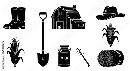 Black  White Farm Icons: Barn, Boots, Corn, Milk Can, Hay Bale, Hat