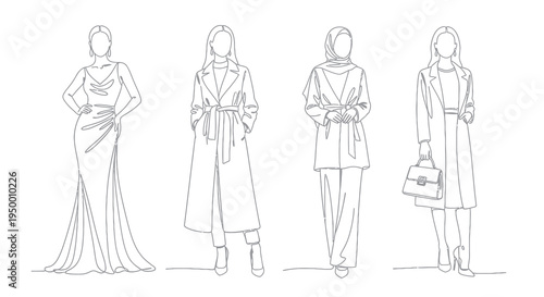 Fashion Line Art of Women in Dresses and Coats, Black and White Vector