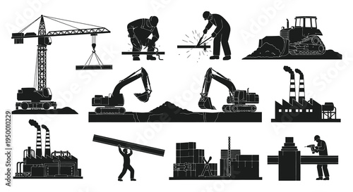 Construction Industry Vector Icons: Crane, Excavator, Factory, Worker, Builder