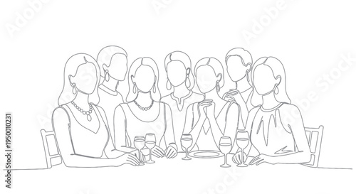 Black and White Line Art of Women at a Dinner Party with Wine