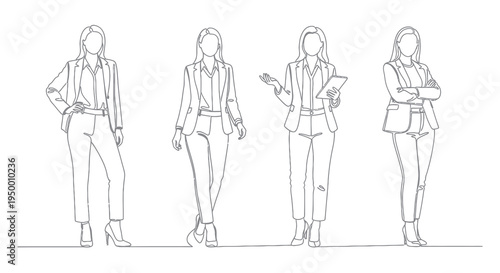 Business Women Line Art: Four Figures in Professional Attire