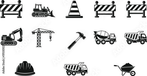 Black silhouette construction equipment icons set featuring heavy machinery like excavators, bulldozers, cranes, and dump trucks with tools like hammers, helmets, and road barriers.