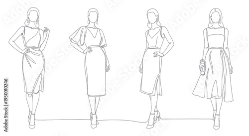 Fashion Line Art: Four Elegant Women in Dresses on White Background