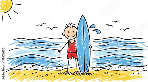 Child with surfboard on beach ocean summer vacation doodle illustration