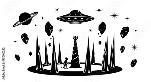 Black and White Alien UFO Spaceship and Planet Vector Art
