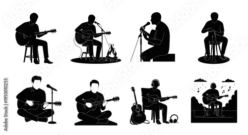 Black and White Silhouettes of Guitar Players Performing Live Music