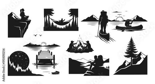 Black and White Vector Icons of Outdoor Camping and Adventure Activities