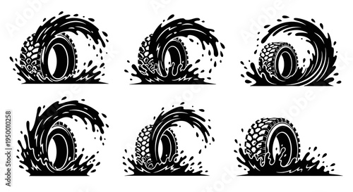 Black  White Vector Art Icons of Tires Splashing Water