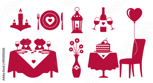 Valentine's Day Romantic Dinner Set Flat Icon Red Hearts Candles Wine Cake