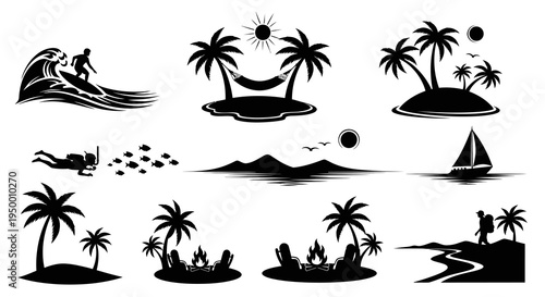 Black  White Summer Vacation Beach Icons
