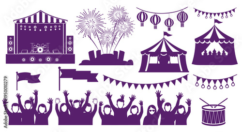Purple Festival Icons: Stage, Fireworks, Tents, Crowd, Drums  Flags