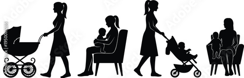 Black silhouette set of mothers with babies in strollers and sitting in chairs isolated on white background for parenting blogs childcare and maternity marketing