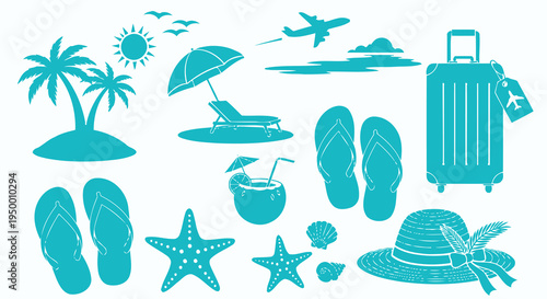 Beach Vacation Travel Icons: Palm Trees, Suitcase, Flip Flops, Hat, Airplane