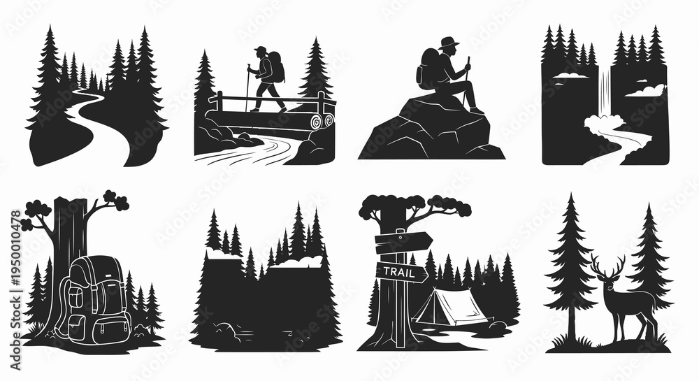 Fototapeta premium Black and white vector illustrations of hiking and camping scenes