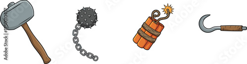 Collection of medieval and fantasy weapon icons featuring a heavy sledgehammer, spiked flail on chain, bundles of dynamite with fuse, and a sharp reaping hook.