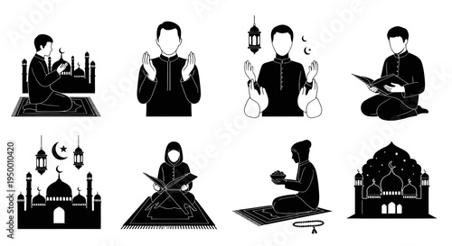 Islamic Ramadan vector icons: prayer, mosque, reading Quran, black  white