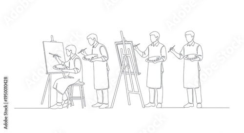 Black and White Line Art of Artists Painting on Easels
