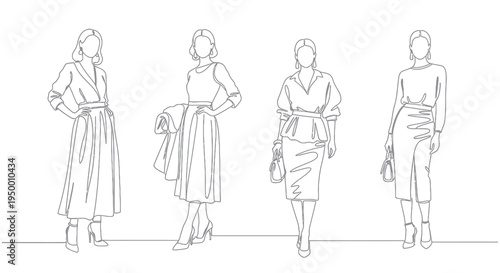 Fashion Line Art: Four Stylish Women in Elegant Outfits