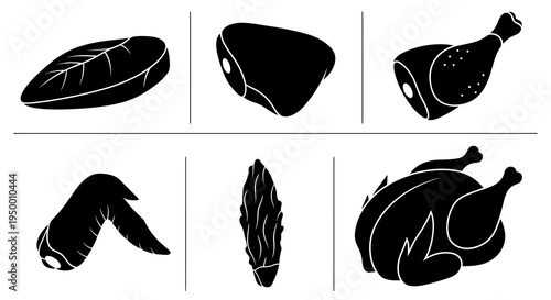 Black  White Glyph Icons of Various Meat Cuts and Poultry
