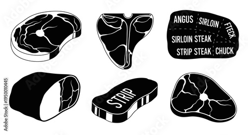 Black and White Vector Icons of Various Beef Steaks