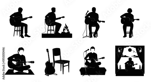 Black  White Silhouettes of Acoustic Guitarists Playing Music
