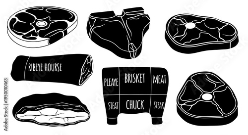 Black and White Line Art Meat Cuts and Steaks Collection