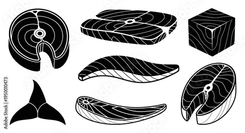Black  White Line Art Icons of Fish Steaks and Tail