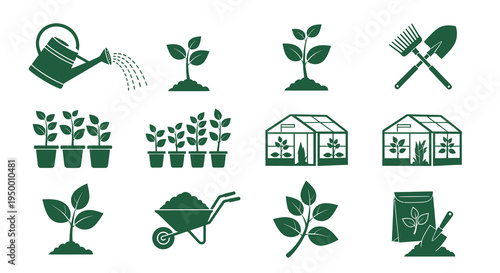 Garden icons: watering can, plant, greenhouse, tools, seeds, wheelbarrow