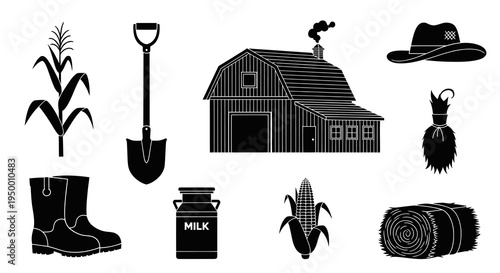 Farm Silhouettes: Barn, Corn, Shovel, Boots, Milk, Hat, Hay Bale