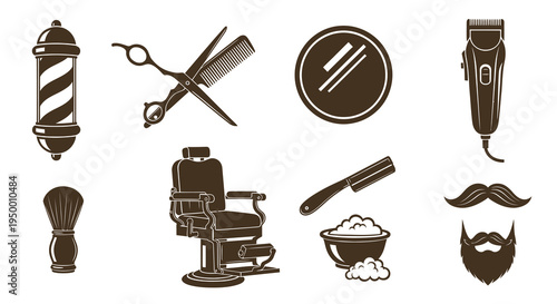 Vintage Barber Shop Icons: Scissors, Chair, Pole, Razor, Shaving Cream