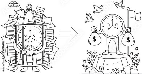 Conceptual vector illustration of time management showing a clock character trapped in a birdcage of paperwork transforming into a free person holding money bags.