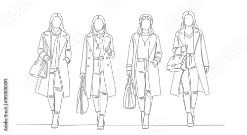 Fashion sketch of four women in coats and jeans, line art