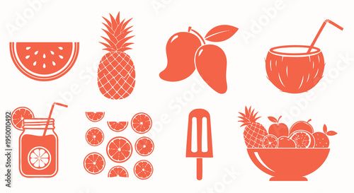 Orange Fruit Juice and Tropical Fruits Icons in Flat Style