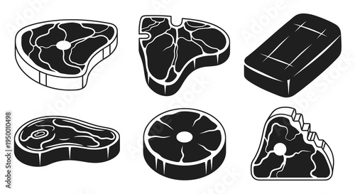 Black and White Vector Icons of Assorted Meat Steaks and Cuts