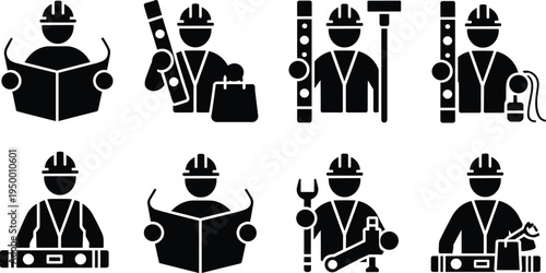 Construction worker and engineer icons set featuring silhouettes with blueprints hard hats spirit levels and wrenches isolated on white background for industrial design assets.
