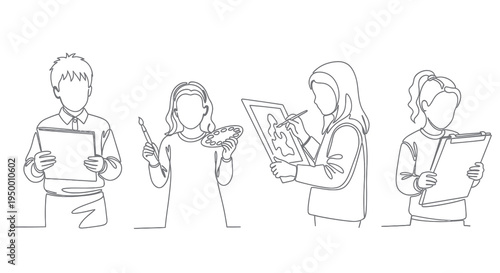 Line art of children creating art with drawing and painting supplies