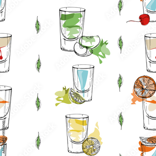 Shot glasses, summer drinks with mint leaf stripes, fruit and citrus garnish. Bright cocktail repeat in playful tones. Hand drawn seamless vector for recipe backgrounds, craft kits, bar menu wrapping