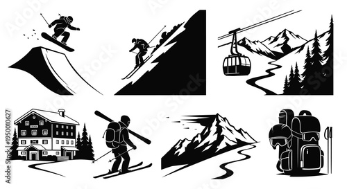 Black and White Skiing and Snowboarding Vector Icons, Mountain Landscape