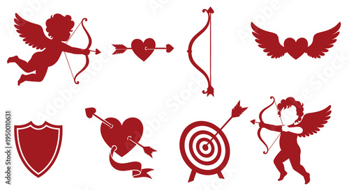 Valentine Cupid Icons Set - Hearts, Bows, Arrows, Wings, Shield, Target