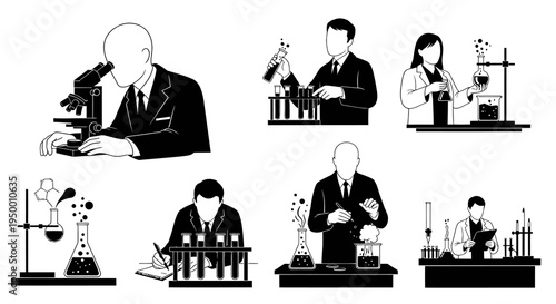 Scientists in Lab: Black  White Vector Icons of Research and Experiments
