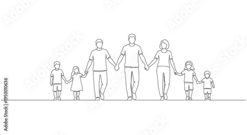 Black and White Line Art of a Happy Family Walking Hand in Hand