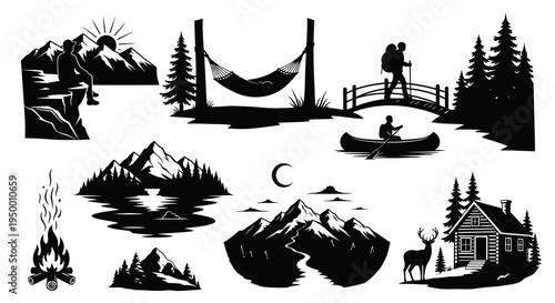 Black  White Silhouette Vector Art of Outdoor Adventure and Camping