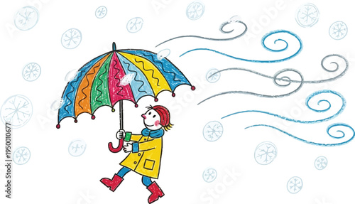 Child holding umbrella in windy rainy weather doodle style illustration