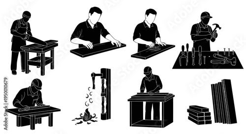 Black and white illustration of carpenter working with wood and tools
