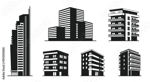 Black and White Vector Icons of Modern Residential Buildings