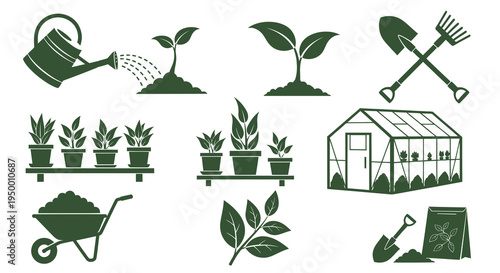 Garden Icons: Watering Can, Plants, Greenhouse, Tools, Seeds - Glyph Art