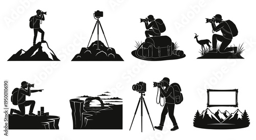 Photographer Silhouette Set on Mountain Peaks, Nature, Vector