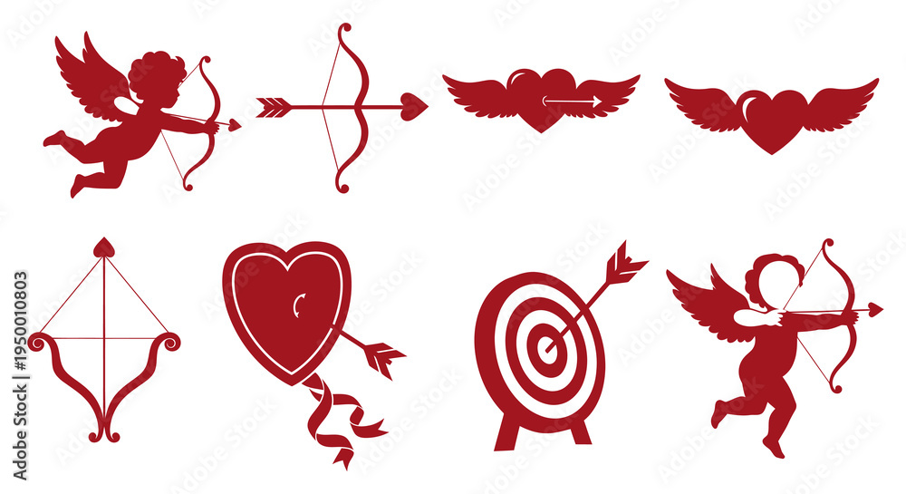 Obraz premium Valentine's Day Cupid Angels Hearts Arrows Bows Target Silhouettes