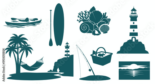 Nautical Beach Vacation Icons: Kayak, Surfboard, Lighthouse, Palm Tree, Fishing Rod